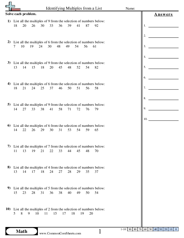 4.oa.4 Worksheets - Identifying Multiples from a List worksheet